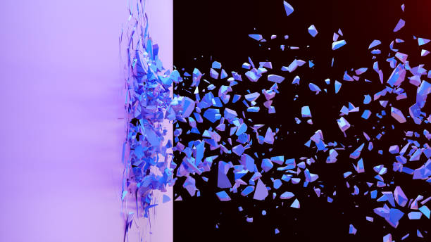 istock Broken wall dark pastel-violet color. Wall shatters into thousands of small pieces. Abstract destroyed background. Explosion, destruction, broken dark pastel-violet color wall, 3D illustration 1148932633