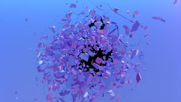 istock Broken wall dark pastel-violet color. Wall shatters into thousands of small pieces. Abstract destroyed background. Explosion, destruction, broken dark pastel-violet color wall, 3D illustration 1148932635