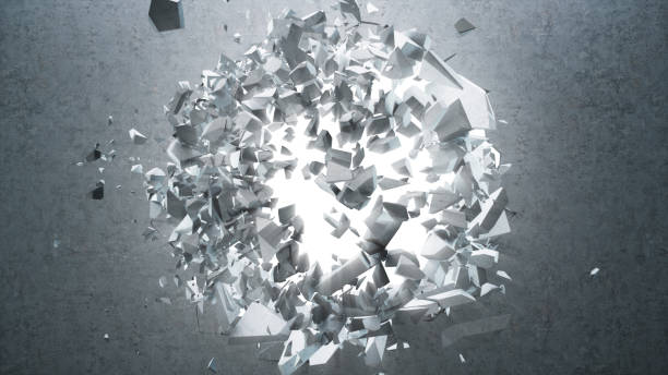 istock Broken concrete wall into small pieces. Cracked earth, abstract background with volume light rays in hole. Explosion, destruction, broken, concrete wall. Isolated on white background. 3D Rendering 1148932897
