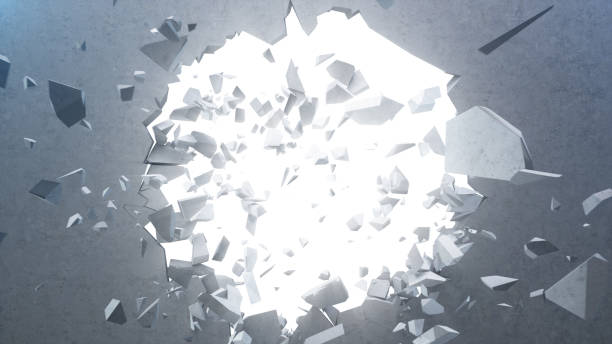 istock Broken concrete wall into small pieces. Cracked earth, abstract background with volume light rays in hole. Explosion, destruction, broken, concrete wall. Isolated on white background. 3D Rendering 1148933155