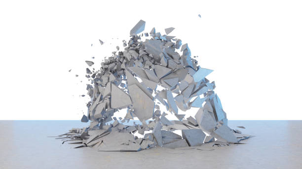istock Concrete wall shatters into thousands of small pieces. Cracked earth, abstract background. Explosion, destruction, broken, concrete wall. Isolated on white background, 3D Rendering 1148933159