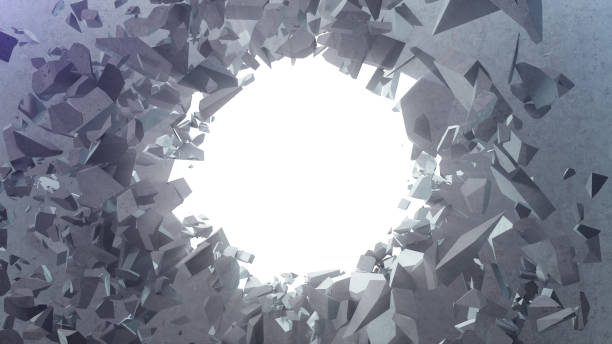 istock Broken concrete wall into small pieces. Cracked earth, abstract background with volume light rays in hole. Explosion, destruction, broken, concrete wall. Isolated on white background. 3D Rendering 1148933172