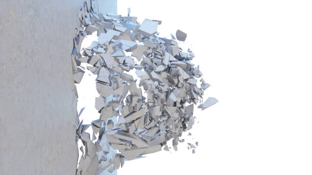 istock Concrete wall shatters into thousands of small pieces. Cracked earth, abstract background. Explosion, destruction, broken, concrete wall. Isolated on white background, 3D Rendering 1148933184