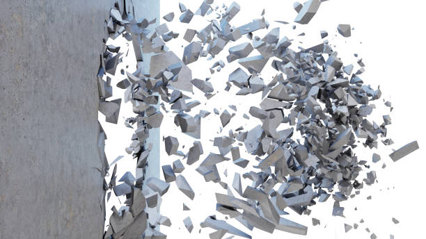 Concrete wall shatters into thousands of small pieces. Cracked earth, abstract background. Explosion, destruction, broken, concrete wall. Isolated on white background, 3D Rendering