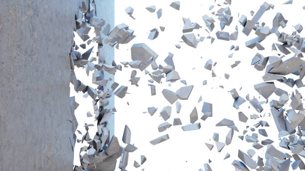 istock Concrete wall shatters into thousands of small pieces. Cracked earth, abstract background. Explosion, destruction, broken, concrete wall. Isolated on white background, 3D Rendering 1148933209