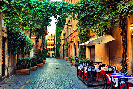 Old street in Rome with leafy vines and cafe tables, Italy
