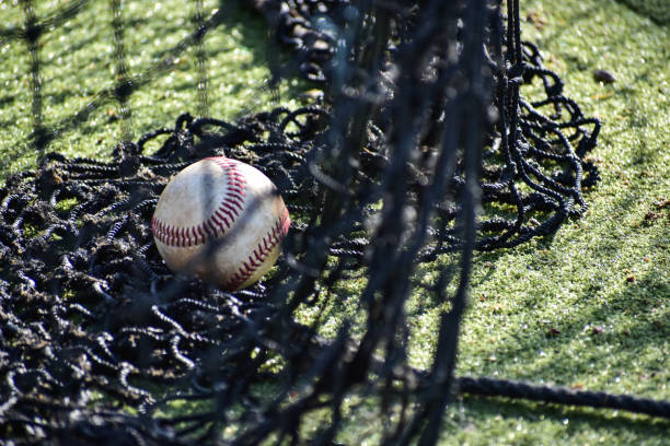 Lone baseball in mesh netting of batting cage Lone baseball in mesh netting of batting cage baseball cage stock pictures, royalty-free photos & images