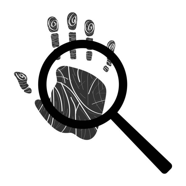 돋보기 아이콘이 있는 핸드 프린트. 개인 식별. 단서를 검색 합니다. 웹 사이트 디자인, 로고, 앱, ui에 대 한 기호입니다. 디자인, 웹에 대 한 깨끗 하 고 현대적인 벡터 일러스트. - biometrics touching glass fingerprint stock illustrations