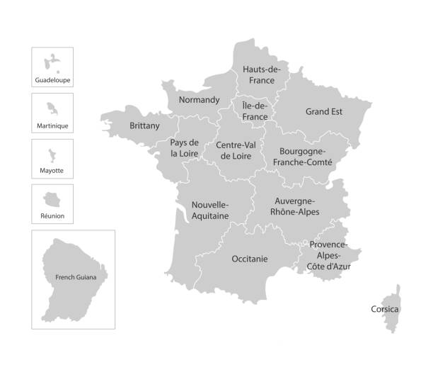 Vector isolated illustration of simplified administrative map of France. Borders and names of the regions. Vector isolated illustration of simplified administrative map of France. Borders and names of the regions. Grey silhouettes, white outline french overseas territory stock illustrations