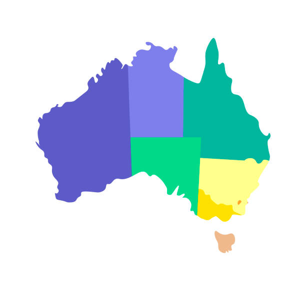 Vector isolated illustration of simplified administrative map of Australia including only nearest territories. Borders of the regions. Multi colored silhouettes Vector isolated illustration of simplified administrative map of Australia including only nearest territories. Borders of the regions. Multi colored silhouettes. australia cartography map queensland stock illustrations
