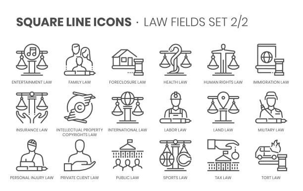 Law fields related, square line vector icon set Law fields related, square line vector icon set for applications and website development. The icon set is editable stroke, pixel perfect and 64x64. Crafted with precision and eye for quality. law icons stock illustrations