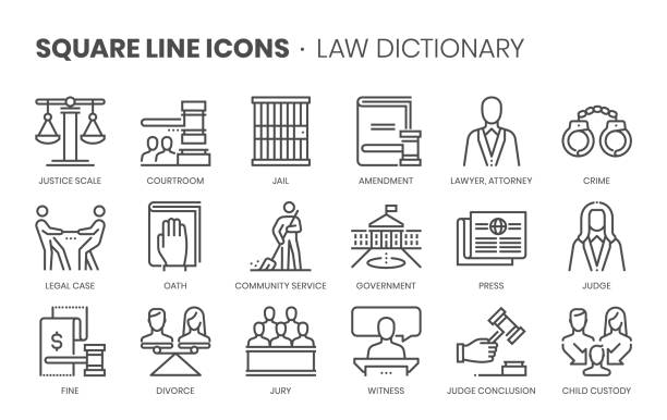 ilustraciones, imágenes clip art, dibujos animados e iconos de stock de diccionario de derecho relacionado, icono de vector de línea cuadrada establecido - jail