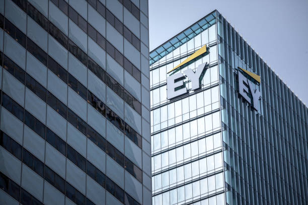Ernst and Young (EY) logo on their main office for Toronto, Ontario. EY is one of the leading companies in Business Services, audit, tax advice & accounting stock photo