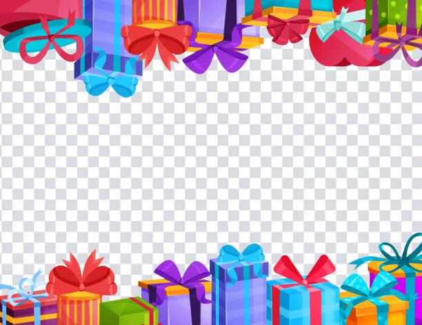 ilustraciones, imágenes clip art, dibujos animados e iconos de stock de hermoso adorno marco de regalo festivo, tarjeta de felicitación colorida. - gift backgrounds bow cut out