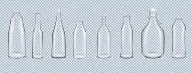 Vector illustration of Set of relistic 3D glass bottles, cans of various shapes.