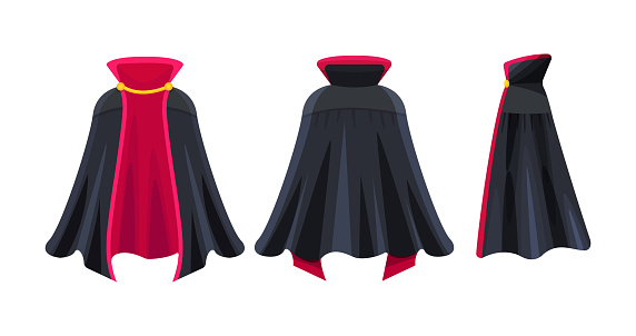 Black cape realistic, superhero cape, dracula vampire carnival costume. Mockup festive costumes are front, back and side view. Carnival clothes, masquerade fancy dress . Vector illustration.