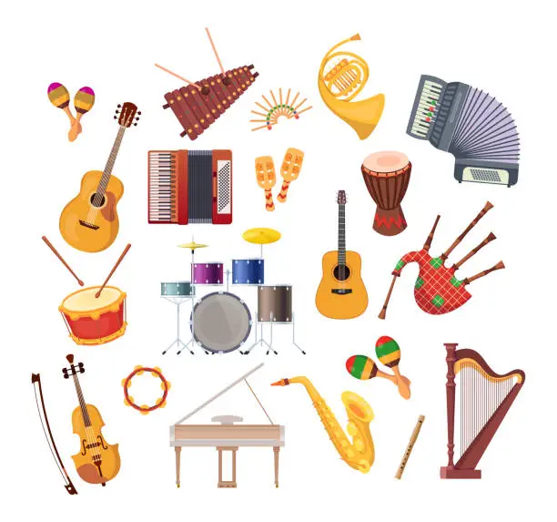 Vector illustration of Set of various musical instruments for festivals, concerts, holidays.