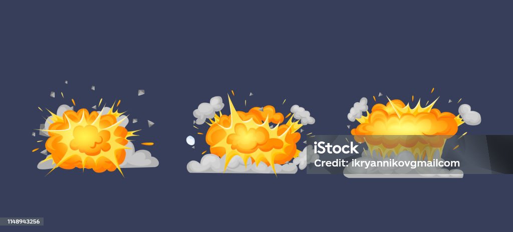 Frame animation with effect of burning, explosion, divided into frames. Frame animation with effect of burning, explosion, divided into separate scenes frames. Effect of explosion, burning flame, dispersion of particles with cloud of smoke. Vector illustration. Art Product stock vector