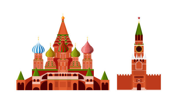 Traditional russian architecture. Russian culture, landmarks and symbols. Traditional Russian architecture. Russian culture, landmarks and symbols. Architectural building Kremlin and St. Basil's Cathedral, Moscow, monuments. Travel, vacation in Russia. Vector illustration kremlin stock illustrations