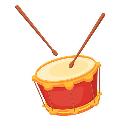 Beautiful wooden percussion musical instrument - drum with chopsticks. Traditional musical instrument drum for holidays, carnivals, fun events. Vector cartoon illustration isolated.
