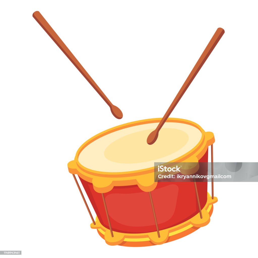 Beautiful wooden percussion musical instrument - drum with chopsticks. Beautiful wooden percussion musical instrument - drum with chopsticks. Traditional musical instrument drum for holidays, carnivals, fun events. Vector cartoon illustration isolated. Drum - Percussion Instrument stock vector