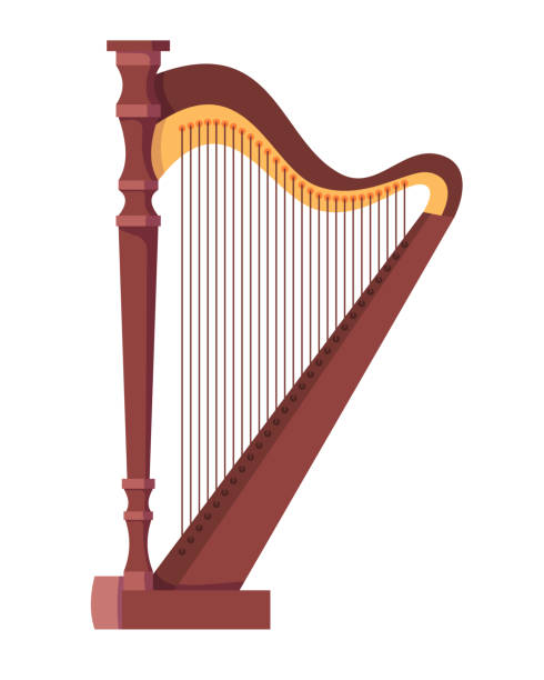 Antique, old stringed musical instrument is classical wooden harp. Antique, old stringed musical instrument is a classical wooden harp. Historical musical instrument harp, for festive, concert, festival performances. Vector cartoon illustration isolated. harp stock illustrations
