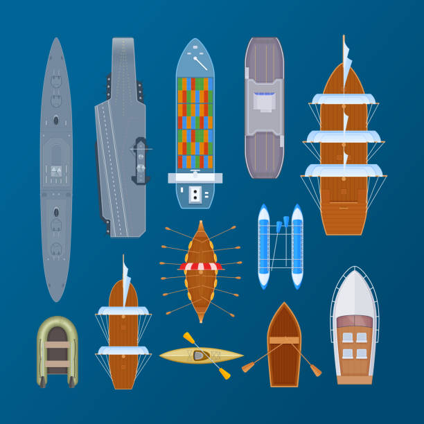 illustrazioni stock, clip art, cartoni animati e icone di tendenza di vari tipi di trasporto di acqua di mare, militari, navi da carico, traghetti. - ferry container ship cruise sailing ship