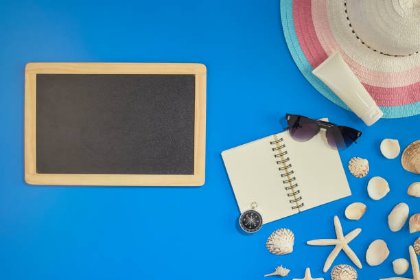 istock Frame of summer accessories on blue background with blank space for text 1148958002