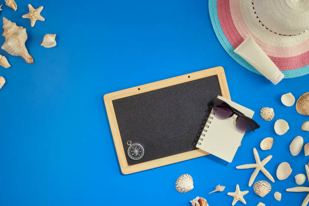istock Frame of summer accessories on blue background with blank space for text 1148958025