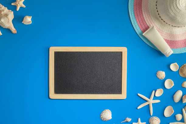 istock Frame of summer accessories on blue background with blank space for text 1148958028