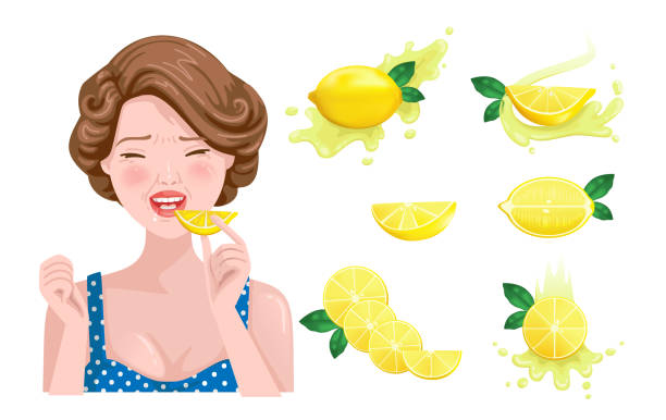 savory sour taste of beautiful girls face eating lemon. She feels sour. Saliva in the mouth and face showing emotions, design flavors, icons of yellow lemon and lemon juice. Vector illustration. sour face stock illustrations