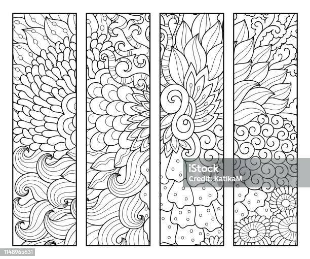 Bookmark For Book Coloring Set Of Black And White Labels With Floral Doodle Patterns Hand Draw In Mehndi Style Sketch Of Ornaments For Creativity Of Children And Adults With Colored Pencils Stock Illustration - Download Image Now