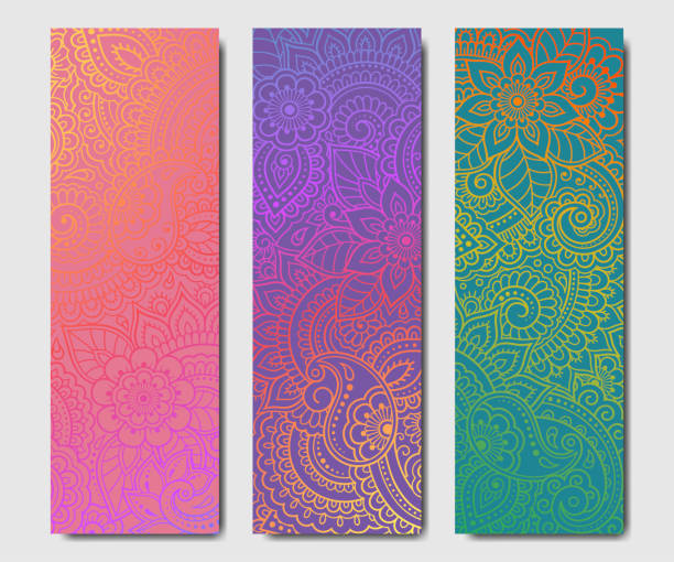 Set of design yoga mats. Floral pattern in oriental style for decoration sport equipment. Colorful ethnic Indian ornaments for spiritual serenity. Decor of business card, poster, print in henna tattoo Set of design yoga mats. Floral pattern in oriental style for decoration sport equipment. Colorful ethnic Indian ornaments for spiritual serenity. Decor of business card, poster, print in henna tattoo culture of india stock illustrations