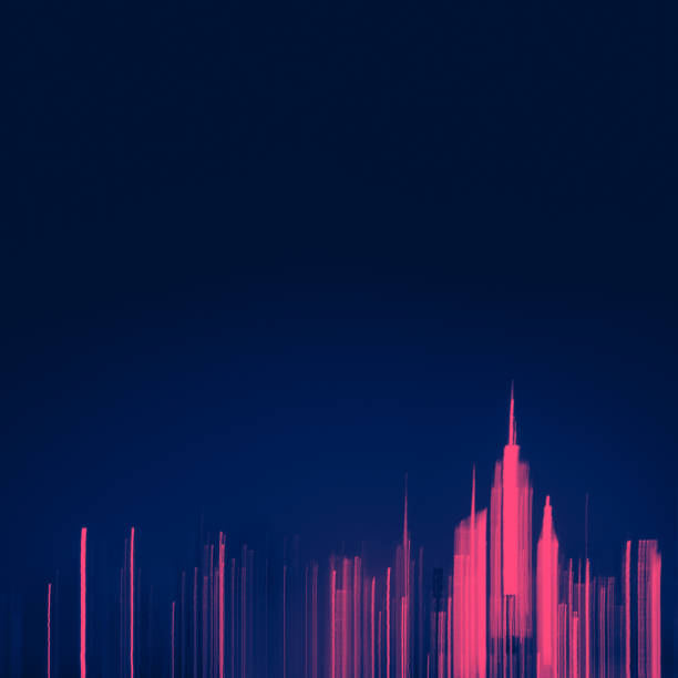 abstract new york city skyline lights in pink streaked across an empty dark background - blue streak lights imagens e fotografias de stock