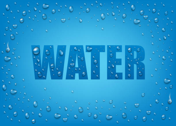 liquid realistische 3d-wassertropfen auf blauem hintergrund mit text. - water drop backgrounds macro stock-grafiken, -clipart, -cartoons und -symbole