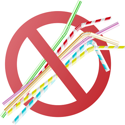 Vector no to plastic straws concept with colorful cocktail straws in red crossed circle. Environment pollustion prohibition, forbidden of disposable garbage cant be recycled.
