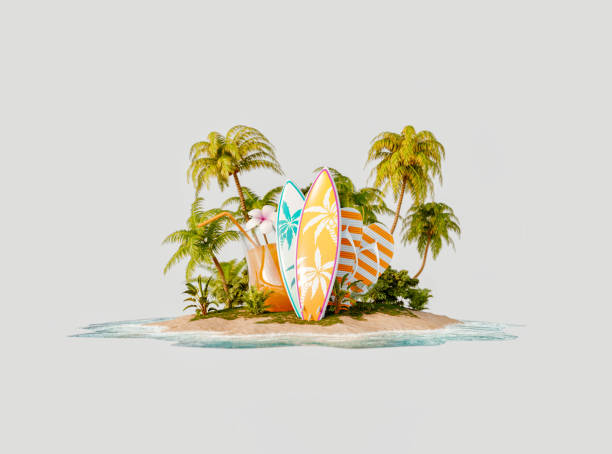 Travel and vacation concept Unusual 3d illustration of a tropical island. Surfboards, flip-flops and fresh orange juice on a beautiful beach. Travel and vacation concept. island tropical climate travel sand stock pictures, royalty-free photos & images