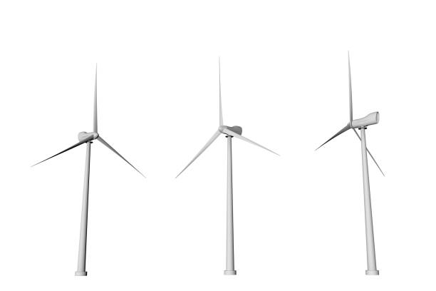 istock 3 windmills with different rotation angles view from bottom isolated on white background - wind energy industrial illustration, 3D illustration 1148970892