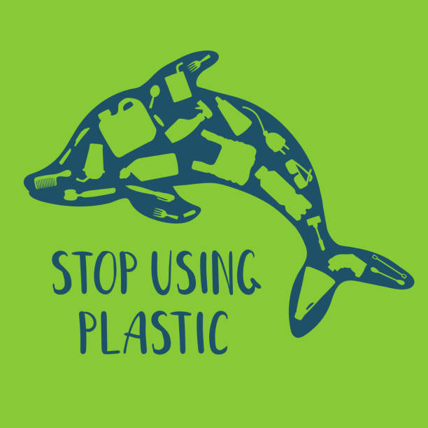 NatureEcologyPollution Dolphins silhouette and silhouettes of plastic trash (bottles, packages, boxes) and lettering, on green background. Ecological concept, ocean pollution, environmental protection, saving the planet plastic marine life stock illustrations