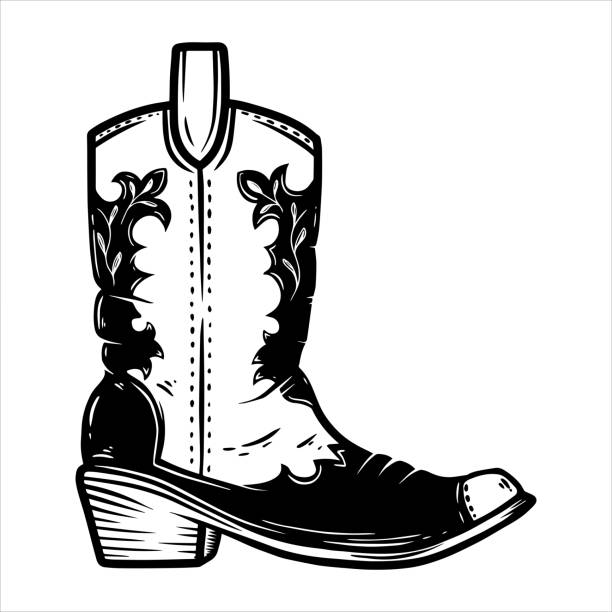 Hand drawn illustration of cowboy boot isolated on white background. Design element for poster, card, banner, t shirt, emblem, sign. Vector illustration Hand drawn illustration of cowboy boot isolated on white background. Design element for poster, card, banner, t shirt, emblem, sign. Vector illustration country fashion stock illustrations