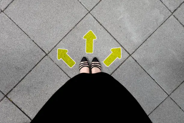 Directional Arrow and Pair of Black Shoes Woman Standing on The Tile Background Great for Any Use.