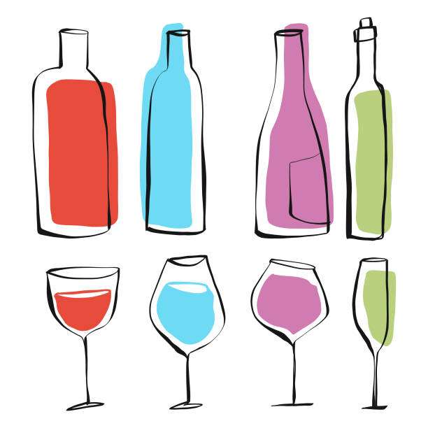 Wine bottles and glasses pencil drawings Vector illustration of a set of wine bottles and wine glasses. nightlife illustrations stock illustrations