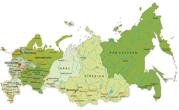 Highly detailed editable political Russia map with separated layers. Highly detailed editable political Russia map. Organized vector illustration on seprated layers. ural mountains stock illustrations