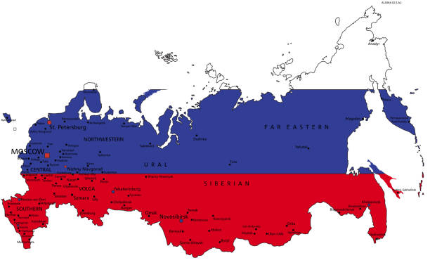 러시아는 국기와 함께 매우 상세한 정치 지도. - south ural stock illustrations