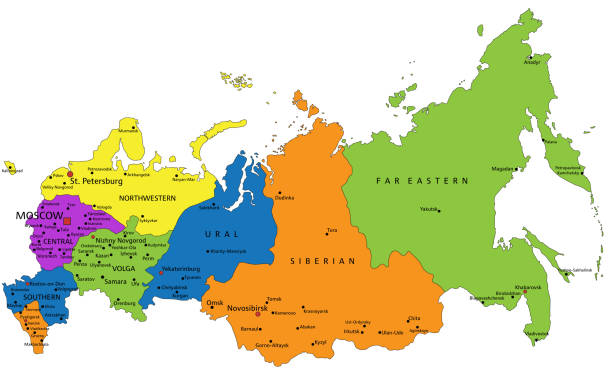 明確にラベルを付けたカラフルなロシアの政治地図、分離された層。 - former soviet union map russia war点のイラスト素材／クリップアート素材／マンガ素材／アイコン素材