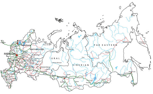 ロシアの道路とハイウェイマップ。ベクターイラスト。 - former soviet union map russia war点のイラスト素材／クリップアート素材／マンガ素材／アイコン素材