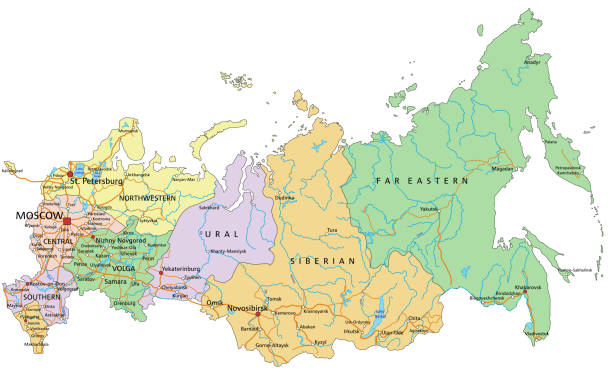 러시아-라벨에 매우 상세한 편집 가능한 정치 지도. - south ural stock illustrations