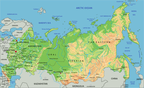 ラベル付きの高詳細なロシアの物理マップ。 - former soviet union map russia war点のイラスト素材／クリップアート素材／マンガ素材／アイコン素材