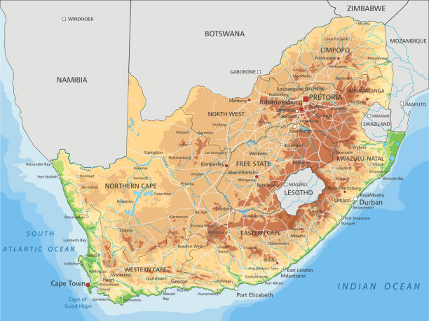 высокая подробная физическая карта с маркировкой. - south africa map africa durban stock illustrations