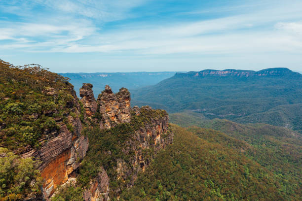 The Three Sisters from Echo Point in the Blue Mountains National Park at Sunset. stock photo